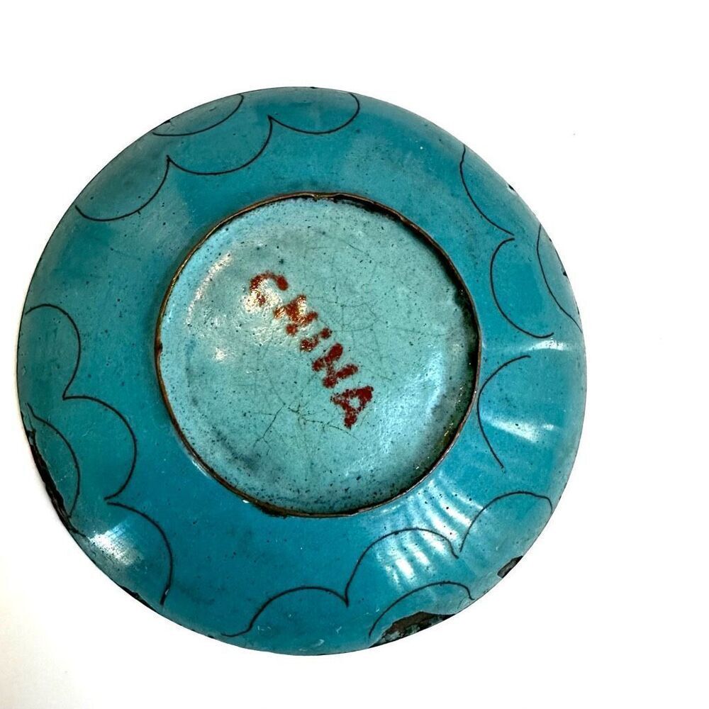Chinese Cloisonne Enamel Brass Floral small Tray Turquoise Blue - Picture 4 of 5